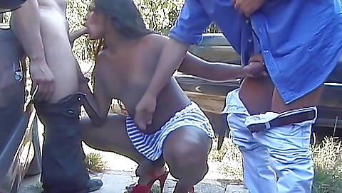 Ebony and trans chicks get anally fucked in a hardcore threesome