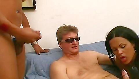 Horny blonde hussy gets her wet cunt fucked by two older guys