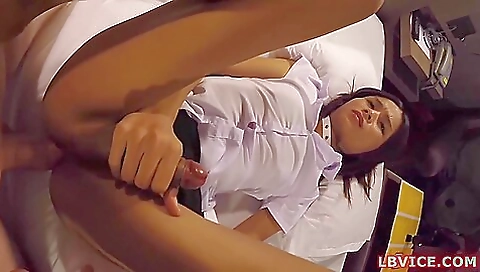 Asian brunette girl enjoys her own dick in the pov shot