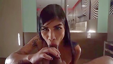 Amateur brunette with a tattooed ass gets nailed 3 times