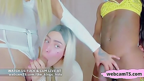 Busty brunette and ebony latina teen threesome with a shemale